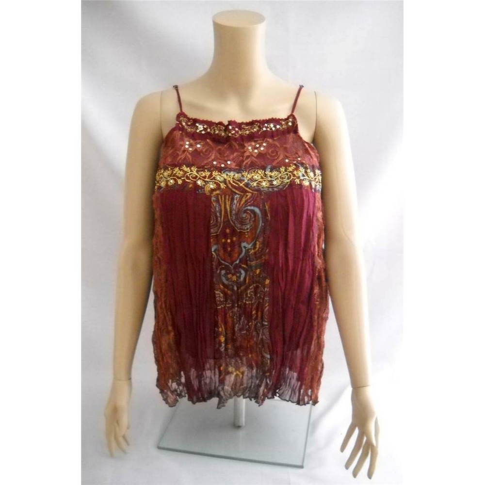 Y2K Crinkle Cami Top SEXY Retro BOHO With Liner & Lace Beads Burgundy Gorgeous - Picture 2 of 8